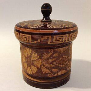 Carved Wood Trinket Jewelry Box Round Brown Vintage Aztec Floral Style Lid